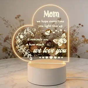 2D Flat Acrylic Heart LED Night Light For Mom, Mother's Day We Love You Mom Sentimental Gift, Floral Butterfly Desktop Bedside Lamp With Light Base, Mothers Day Gifts Ideas, Mom Gifts,summervibes Decoration Ambient Glow