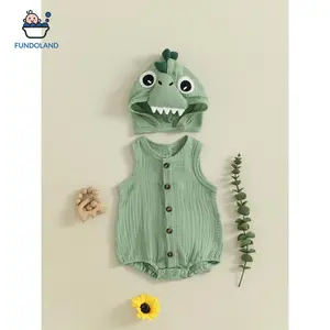 Newborn baby Halloween dinosaur costume sleeveless round neck button jumpsuit with animal hat 2-piece set