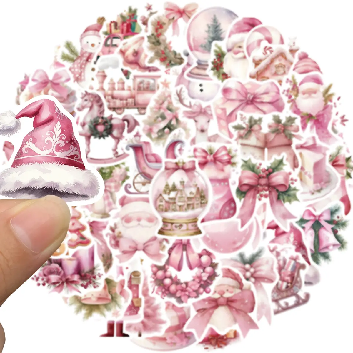 50 pcs Christmas Sticker for Kid,Pink Vintage Christmas Party Favor Supply Sticker,Waterproof Water Bottles Laptop Motorcycle Guitar Skateboard Graffiti Decals Xmas Gifts Stickers for Kids Teens Girls