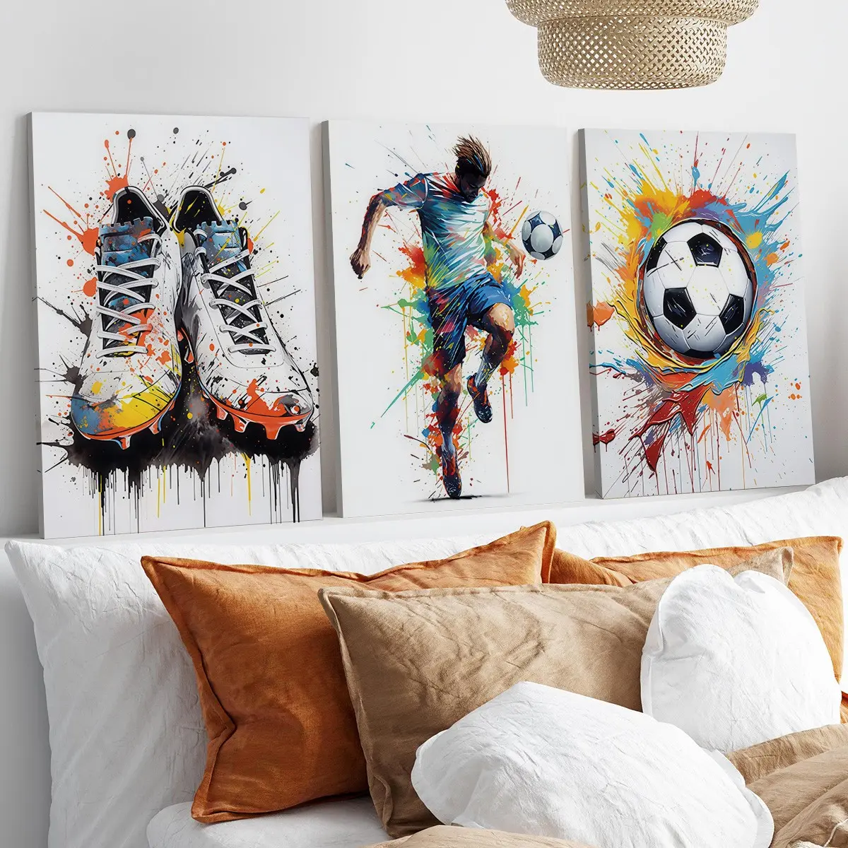 [Ready to Hang] 3pcs Soccer Stretched Canvas Wall Art, Dynamic Football Framed Graphic Prints, Gallery Wrapped Sports Artwork for Kids Room, Gym & Modern Home Decor, Decoration Items, Cool Soccer Gifts for Men & Athletes (Internal Wood Frame)
