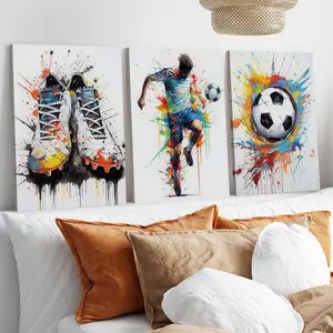 [Ready to Hang] 3pcs Soccer Stretched Canvas Wall Art, Dynamic Football Framed Prints, Gallery Wrapped Sports Artwork for Kids Room & Gym, Cool Soccer Gifts for Men & Athletes (Internal Wood Frame)
