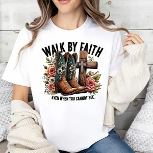 Western Style Women's T-Shirt With Cowboy Boots And Cross Design Walk By Faith Even When You Cannot See Graphic Print For Casual Wear In Spring And Fall Perfect Gift For Christian Women