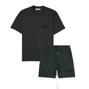 Fear of God Essentials T-shirt & Shorts Set Stretch Limo/Black OVER SIZE Casual Wear Comfortable Fit Simple Design Versatile Everyday Wear Menswear Tops Crewneck ShortSleeve Light Oatmeal Color