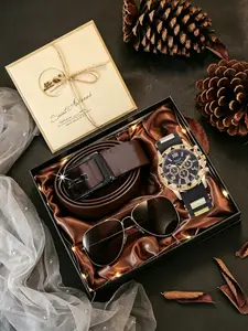 5pcs Men's Business Fashion Gift Set, Accessory Set, Watch + Belt + Sunglasses + Card, Perfect for Daily, Birthday, Father's Day, Christmas Gifts