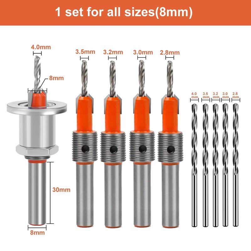 Countersink Drill Bit Set 5Pcs(2.8/3.0/3.2/3.5/4mm), Woodworking Countersink Drill Bits with Adjustable Bit Depth Stop for Wood.(8mm Countersink Diameter) Countersink Drill Bit Set 5Pcs(2.8/3.0/3.2/3.5/4mm), Woodworking Countersink Drill Bits with Adjustable Bit Depth Stop for Wood.(8mm Countersink Diameter)