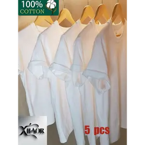 5pcs Assortment Solid Color Heavy Cotton Men'S Crew Neck Short Sleeve T-Shirt Fashionable Regular Fit Spring & Summer Vacation Casual Fabric