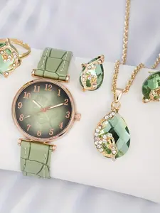Women's Elegant Rhinestone Decorated Quartz Watch & Jewelry Set, Including Round Dial Watch & Water Drop Shaped Pendant Necklace & Ring & Stud Earrings, Fashion Watch Set for Women As Gift, Fashionable Jewelry Set, without Box
