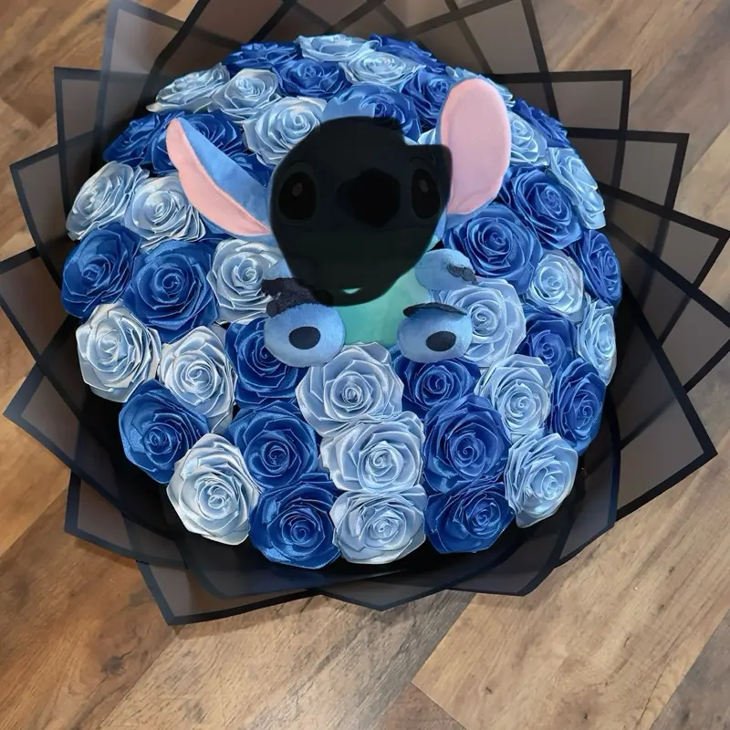 Eternal Rose Bouquet Handmade with 46 Roses in Light and Dark Blue Satin Ribbon