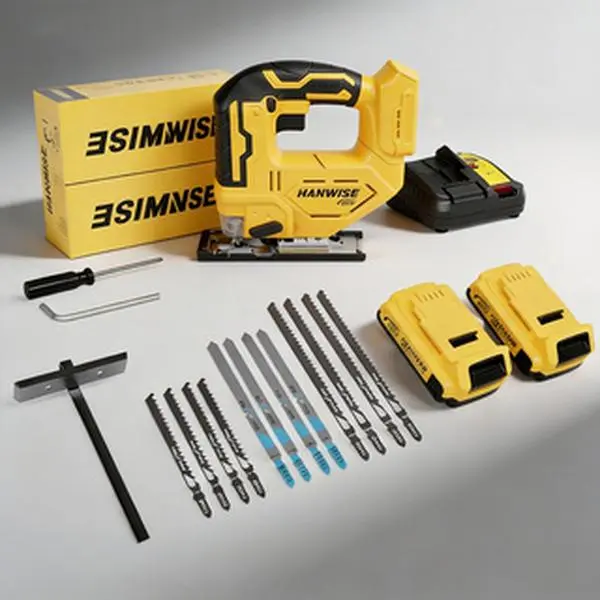 HANWISE 20V Brushless Cordless Jigsaw - Battery Powered Saw with Dual Battery, 12 Blades, 3 Orbital Action Modes, LED Light, 0-45° Bevel Cut, Cells, Ideal for Home Improvement & DIY Projects, Power Tool Gift for Men