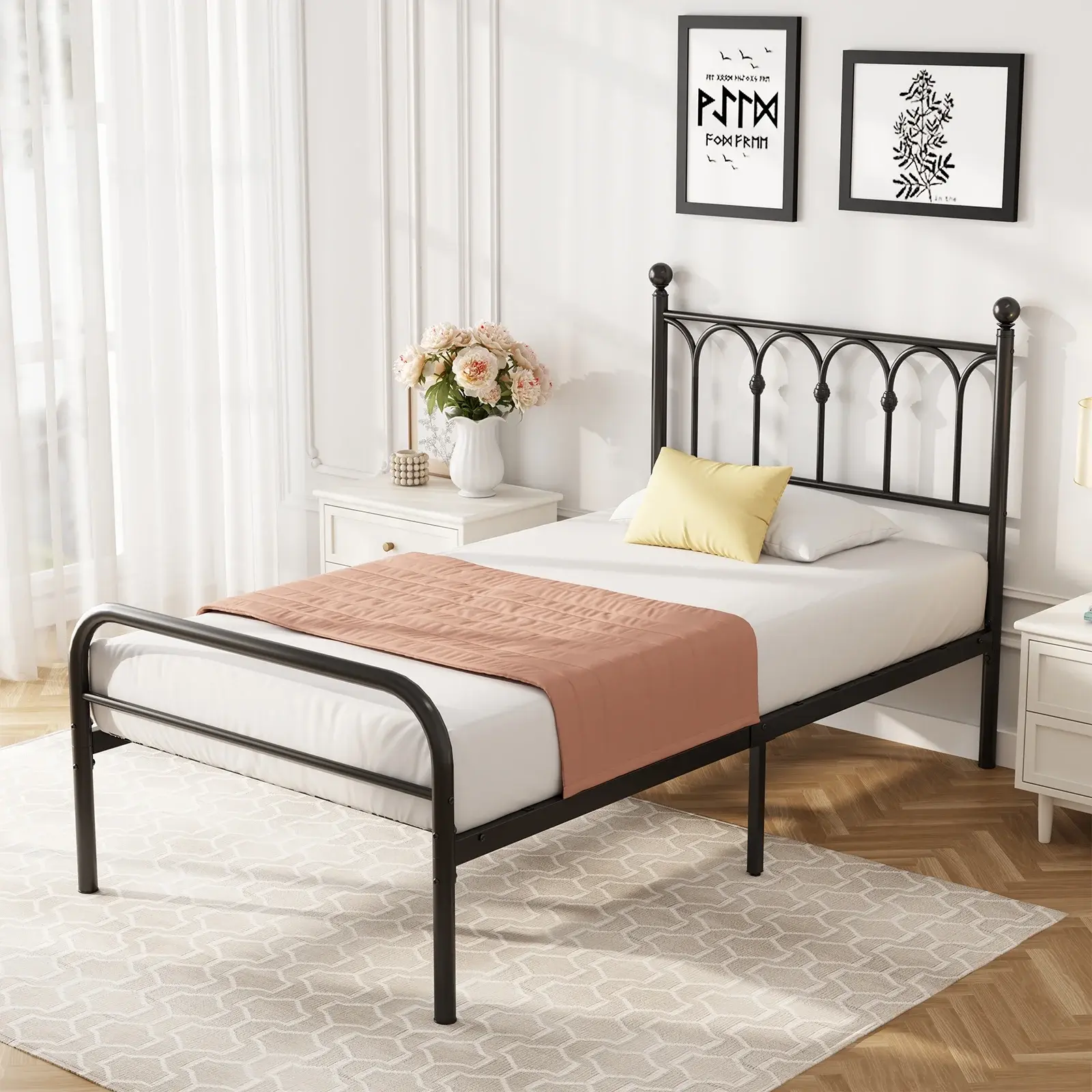 Sweetcrispy Metal Bed Frame with Rounded Base, Protective Footpads, Sturdy Steel Slat Support, Multiple Support Legs, Underbed Storage, No Box Spring Needed, Includes Assembly Instructions for Memory Foam & Spring Mattresses, Tools, Queen Bed Frame, Bed F