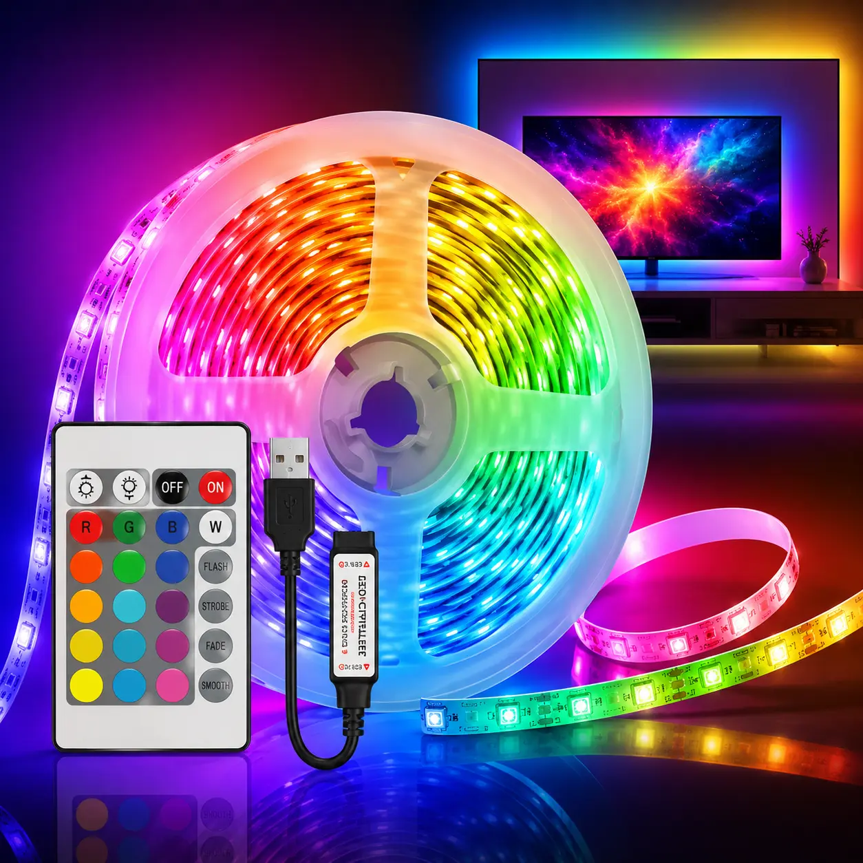 10M/32.8FT RGB LED Strip Lights, USB Powered Color Changing Light Strip with Bluetooth App & 24-Key Remote, 3535 RGB Ambient Lighting for Bedroom, TV Backlight, Gaming Room, Desk & Party Decor