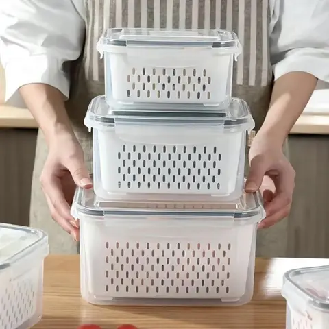 3-Pack Rectangular Airtight Leakproof Kitchen Food Storage Containers with Removable Colander Baskets - BPA-Free, Eco-Friendly, Food-Safe, Freezer-Safe Lidded Bins, Home Organizer (13.3 Cup & 7.2 Cup Sizes) for Fresh Fruits, Vegetables