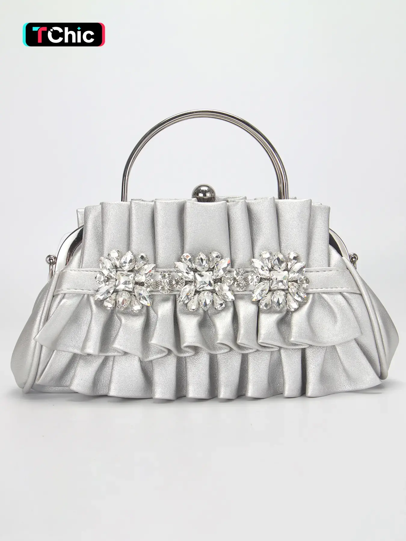 Vintage solid color pleated PU ladies evening bag clutch, Embellished shoulder bag, flower rhinestone handbag with shoulder chain can be shoulder crossbody bag, suitable for wedding, party, prom, Elegant rhinestone bag