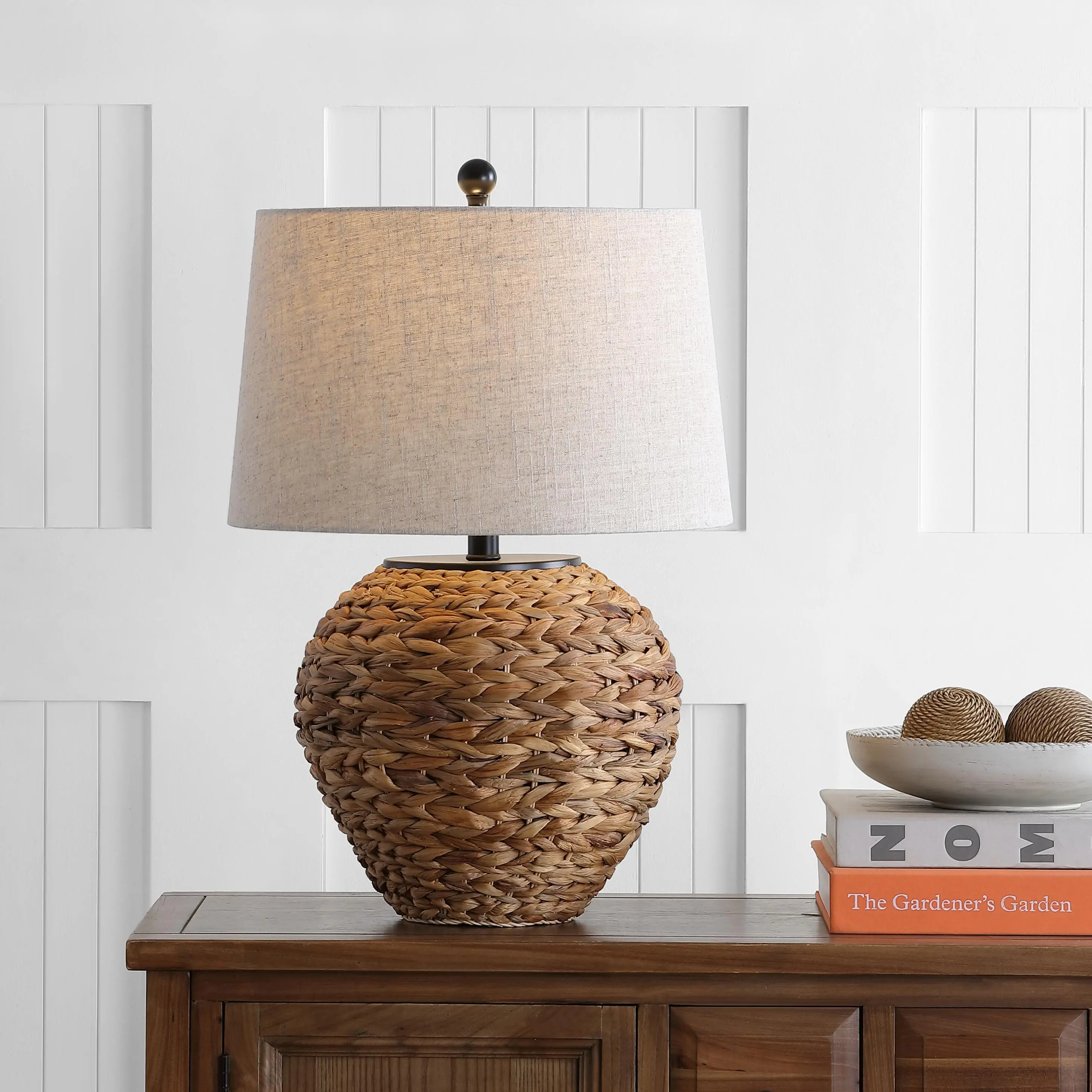 JONATHAN Y Alaro Table Lamp Woven Water Hyacinth Basket 24.5" | Farmhouse Coastal Decor, Linen Drum Shade, Metal Frame, LED Bulb Included, Rotary Switch, UL Listed