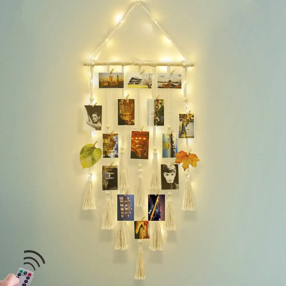 Hanging Photo Display Wall Decor, Macrame Wall Hanging Boho Room Bedroom Decor, Picture Frame Collage Board with Light 30 Clip, Christmas Teenage Teen Girl Gifts Ages 10 11 12 13 14 Years Old
