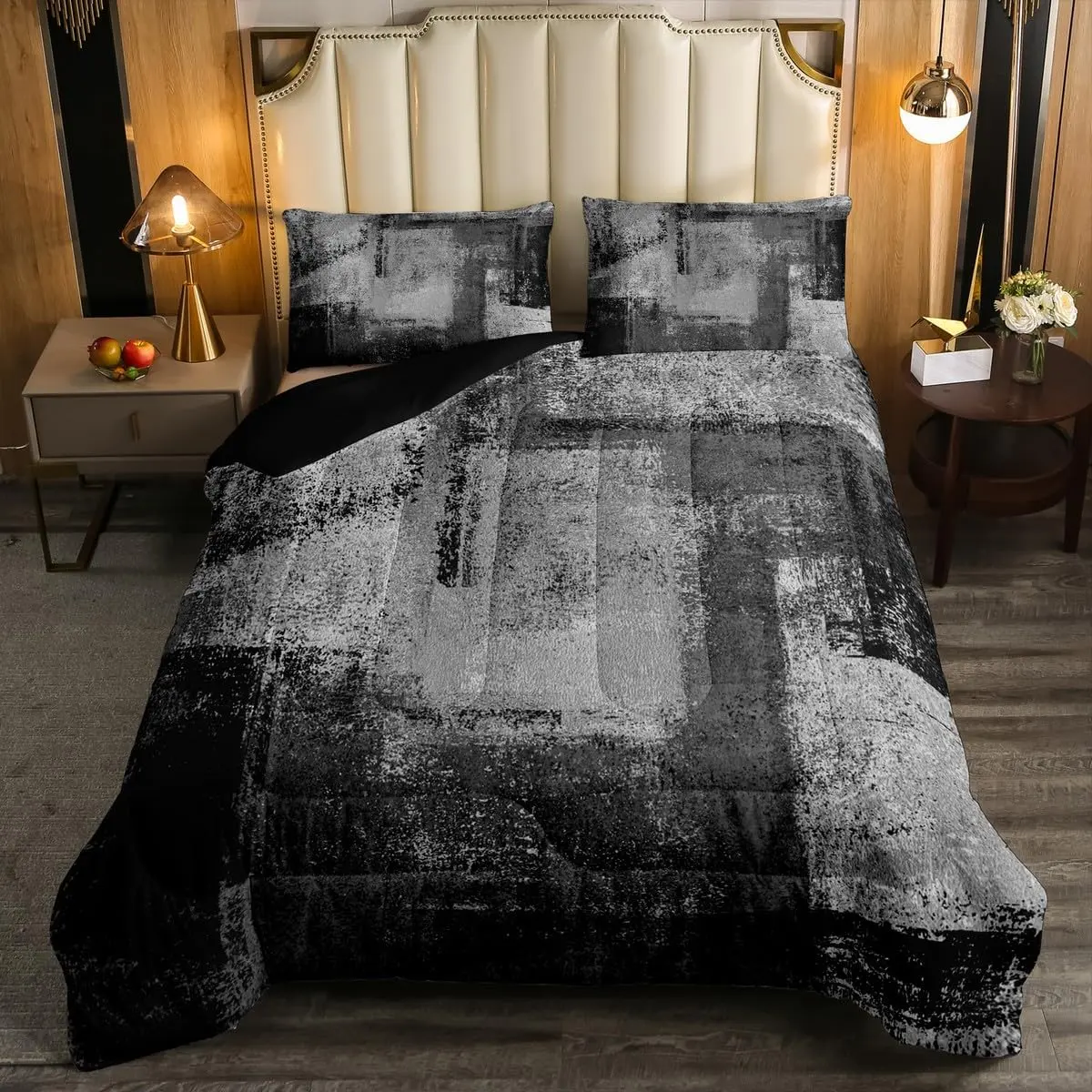 Feelyou Grunge Watercolor Ombre Bedding Set - Black White Grey Microfiber Bedroom Bedding, Dark Gray Gradient Tie Dye Breathable Duvet Cover Set, Retro Abstract Oil Painting Machine Washable Duvet for Adults, Bedroom Bedding Set, Breathable Duvet Set