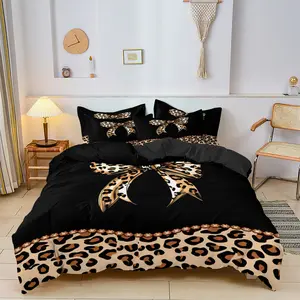 Fashion Leopard Bow Print Bedding Set, 3 Piece Set Includes 1 Fitted Sheet and 2 Pillowcases, High Definition Print for Home and Dormitory, Decorative Bedsheet Sets