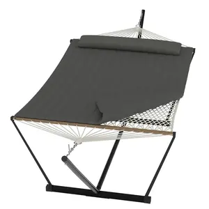 Dark Gray Heavy Duty 2 Person Double Hammock with Portable Adjustable Steel Stand, Outdoor Hammock with Pillow for Patio, Garden, Beach, Backyard Camping