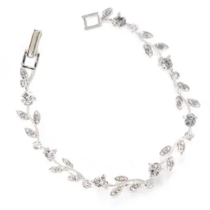 Silver Crystal Rhinestone Circle Round & Leaf Shape Combination Link Bracelet