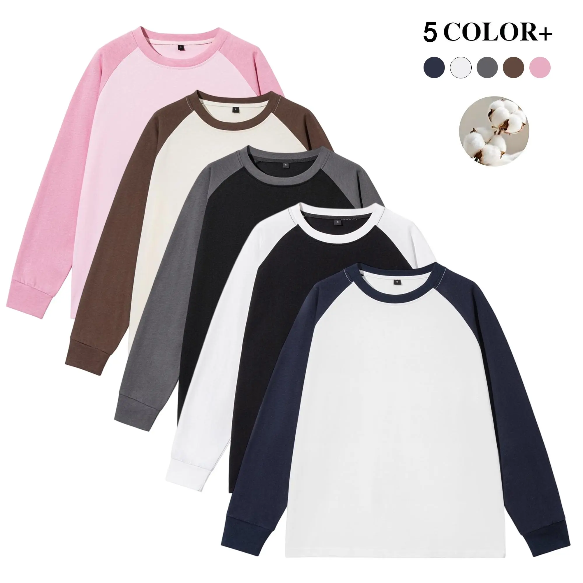 Men’s casual long-sleeve shirts, available in 1-pack or 3-pack options, featuring a crew neck, color-block design with raglan sleeves, made from soft, simple pure cotton fabric—suitable for home, office, and everyday wear.