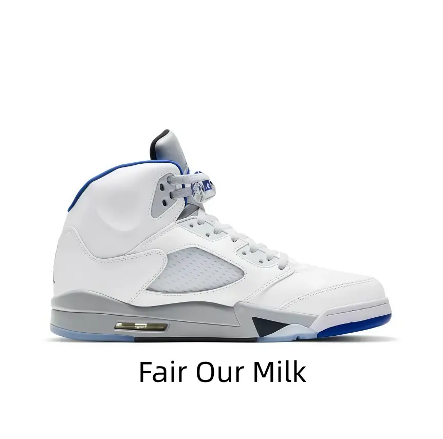 Trendy high-top retro basketball sneakers with clean white leather upper. Grey and royal blue accents bring comfy experience for sports and daily streetwear matching.