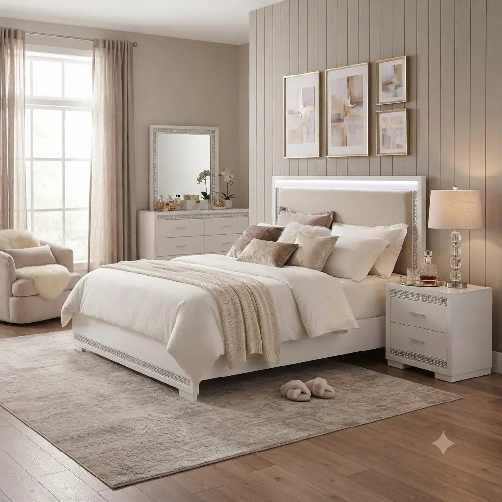 SAVEYOUR White Lacquer Queen Bedroom Set, Glam Modern 4-Piece Collection Featuring LED Headboard and Sparkling Crystal Accents, Complete Bedroom Furniture Package