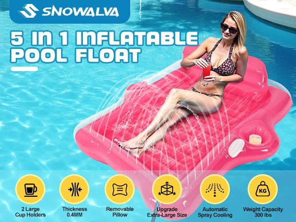 Inflatable Tanning Pool Lounger Float,  72*61’’/80*67’’Large Size Pool Floats Adult with Automatic Spray Cooling, 5 in 1 Suntan Tub Raft Floatie, Sunbathing Bed Lounge for Pool Party Yard Tanning  Outdoorfun
