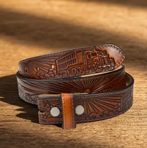 Men's Tooled Western Engraved Leather Belt 100% Genuine Full Grain Cowhide Belt Strap Cowboy 1.5" Wide Embossed Leather Snap-On Belt