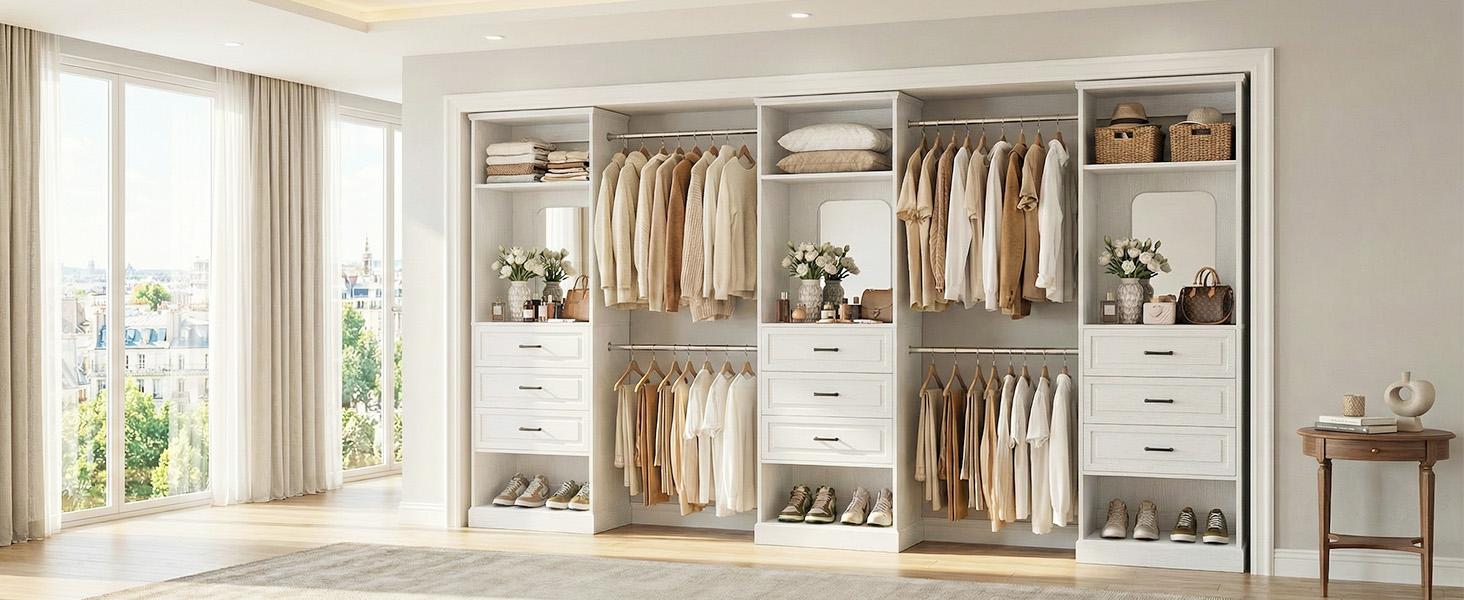 Unikito Closet System, 4FT - 9FT Closet Organizer with Mirror, Luxury Walk in Closet Insert with Drawers and 4 Hanging Rods, Sturdy Wood Wardrobe Closet Garment Rack with 25” Tower