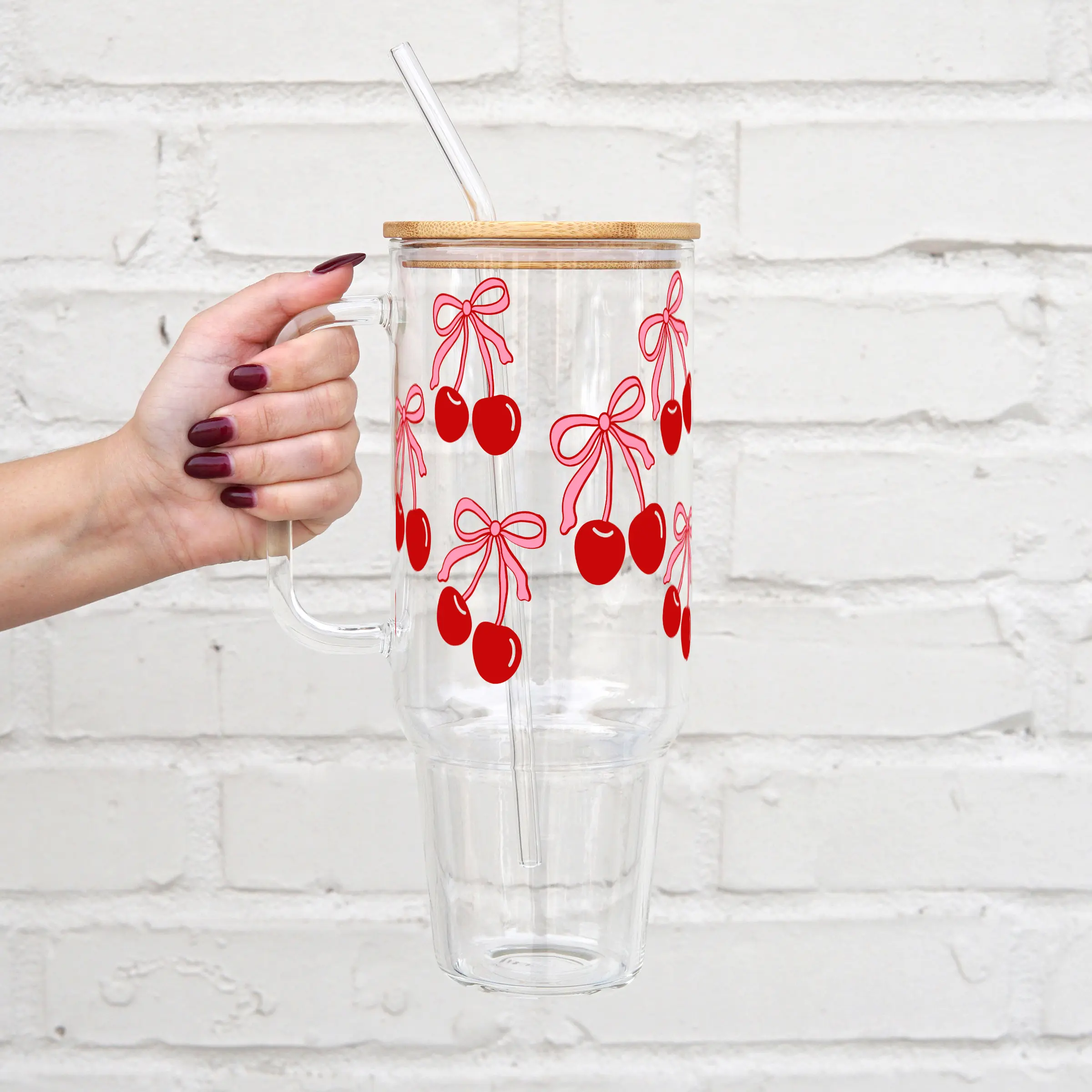 Coquette Cherry Bow 40oz Glass Tumbler with Lid and Straw, Iced Coffee Drinkware, Gift for Her, Acrylic Tumbler, water bottle for women, cute girly cup, Exclusive Elegant Bottle, Reusable, Water Bottles