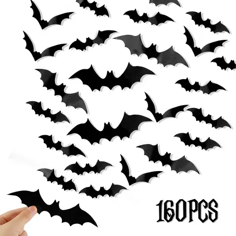 160PCS 3D Black Decal Stickers - 7 Sizes Removable PVC, DIY Stick & Fold, Lifelike 3D Bat Depth, Scary Halloween Wall Tiles Decoration Items, Indoor Home Window Cling Supplies