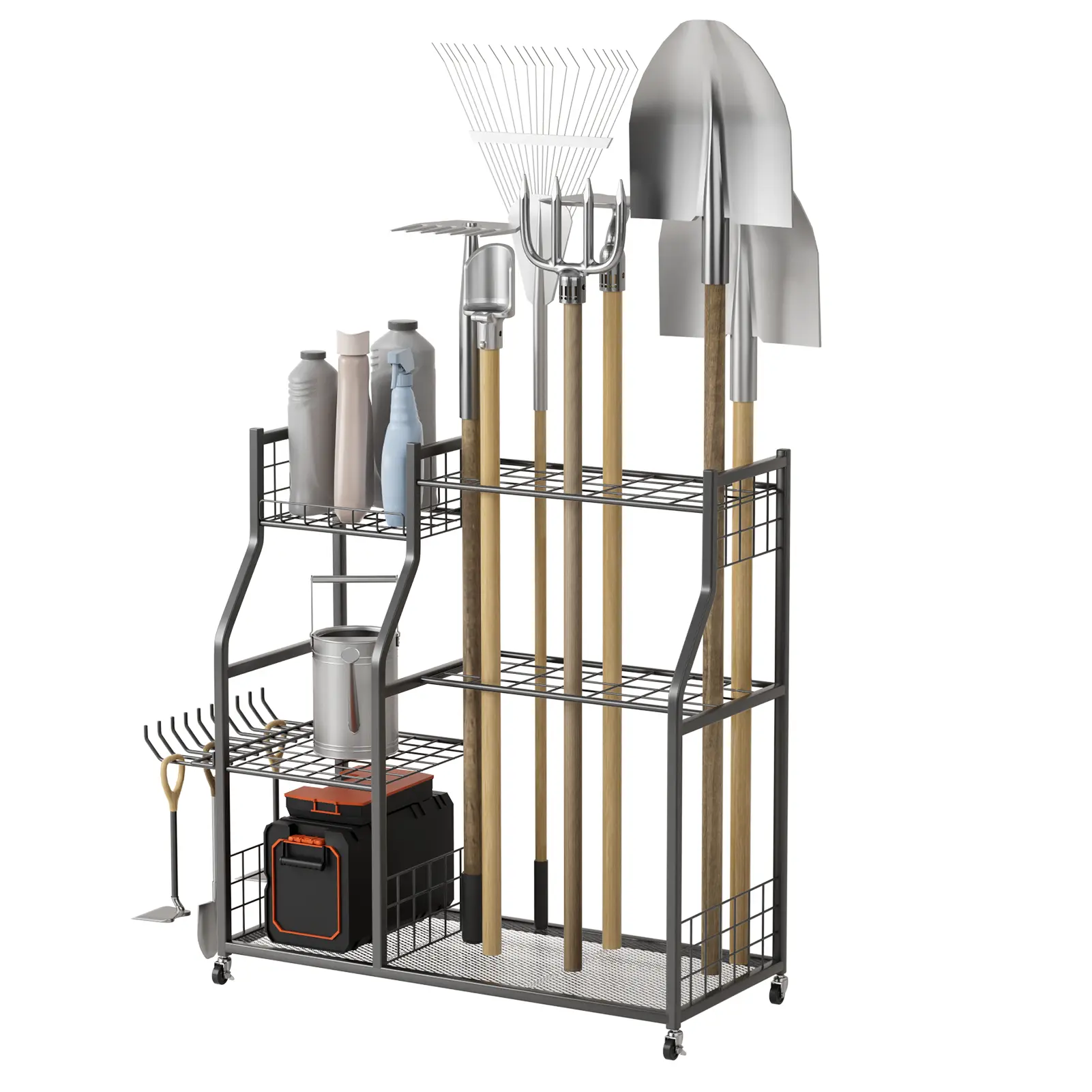 Garden Tool Organizer with Lockable Wheels, Heavy-Duty Yard Tools Rack for Garage, Shed, Garden, Utility Stand Rack for Rakes Brooms Shovels, Long-Handled Tools