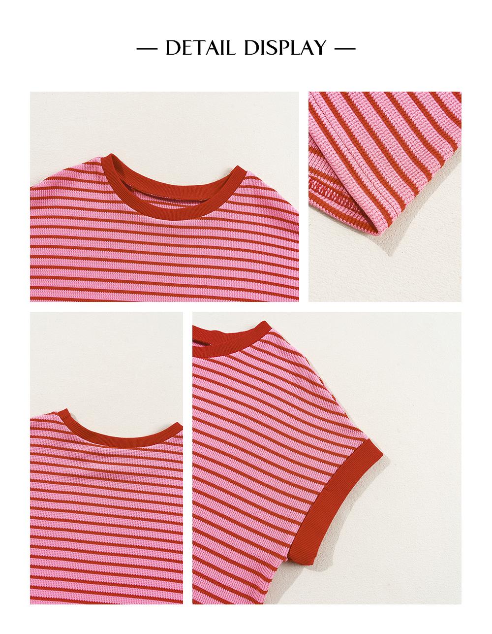 Asivivid Women's Striped Ribbed Knitted Drop Shoulder Round Neck T-Shirt Summer Tops Daily Everyday Wear Shirt Top