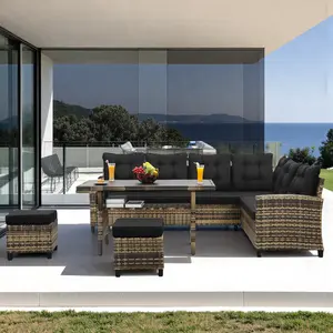 6 Piece Outdoor Sectional Furniture Set, All-Weather Wicker PatioConversation Set with 2 Ottomans, 3 Sofa Sections, and DiningTable, Washable Foam Cushions [Natural Brown Grey]