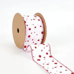 2 1/2" Wired Ribbon | "Glitter Polka Dot" White/Red | 10 Yard Roll wreath making Christms tree decor