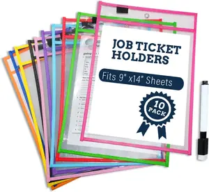 10 Colors Dry Erase Pockets Pack -  Clear Plastic Sleeves & Heavy Duty Ticket Holders with 1 Dry Erase Marker Included, Durable Sheet Protectors for Classroom, Office & Shop Organization