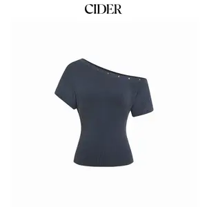 Cider Textured Asymmetrical Neck Short Sleeve Metal Detail Top