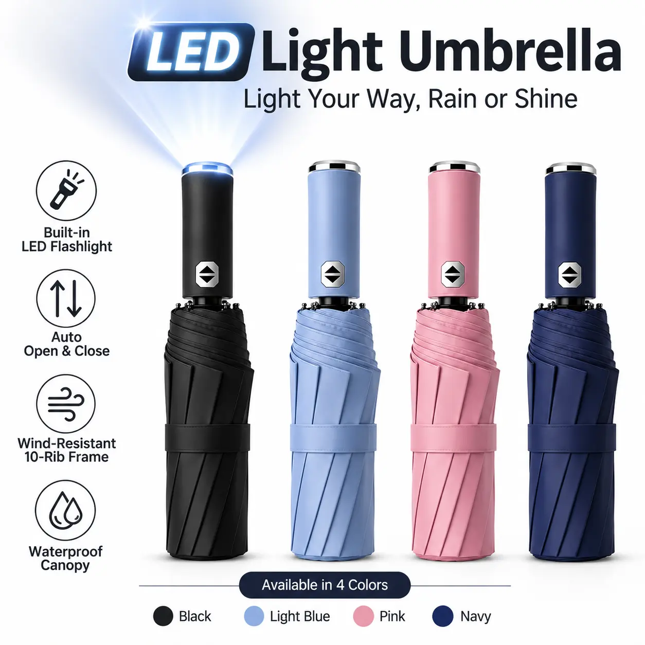 LED Light Umbrella with Built-In Flashlight, Auto Opener, Adjustable 10-Rib Wind-Resistant Design, Folded Compact Large Cover Functional Umbrella for Rain & Night Walking