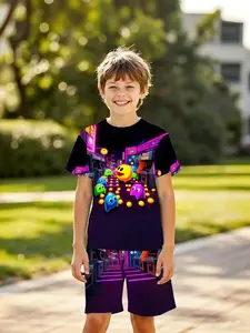 Boys' 3D Short Sleeve Set, Clothing Sets, Pac-Man Neon Arcade Game Print, Casual Two-Piece, Perfect for Outdoor, Holiday Gifts, Birthday Presents
