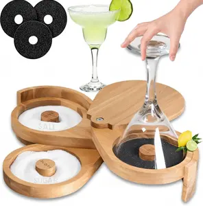 Margarita Salt Rimmer Set, 3 Tier Bamboo Rimmer for Glass Rims, Salt|Sugar|Lime Seasoning for Bloody Mary, Manhattan Tequila Cocktail Drink Accessories for Bartender/Bar (Bamboo Wood With Sponges)