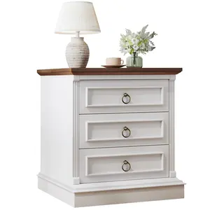 Farmhouse Nightstand with 3 Drawer, 22" Wide Side Table with Roman Columns, Bedside Table with Wireless Charging Station, Rustic Large End Table for Bedroom, White