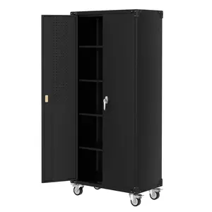 Locking Metal Garage Storage Cabinet with Wheels – 72" Tool Storage Organizer – 2 Doors, 4 Adjustable Shelves, Pegboard Door – Heavy-Duty Mobile Tool Cabinet for Workshop, Home, Office