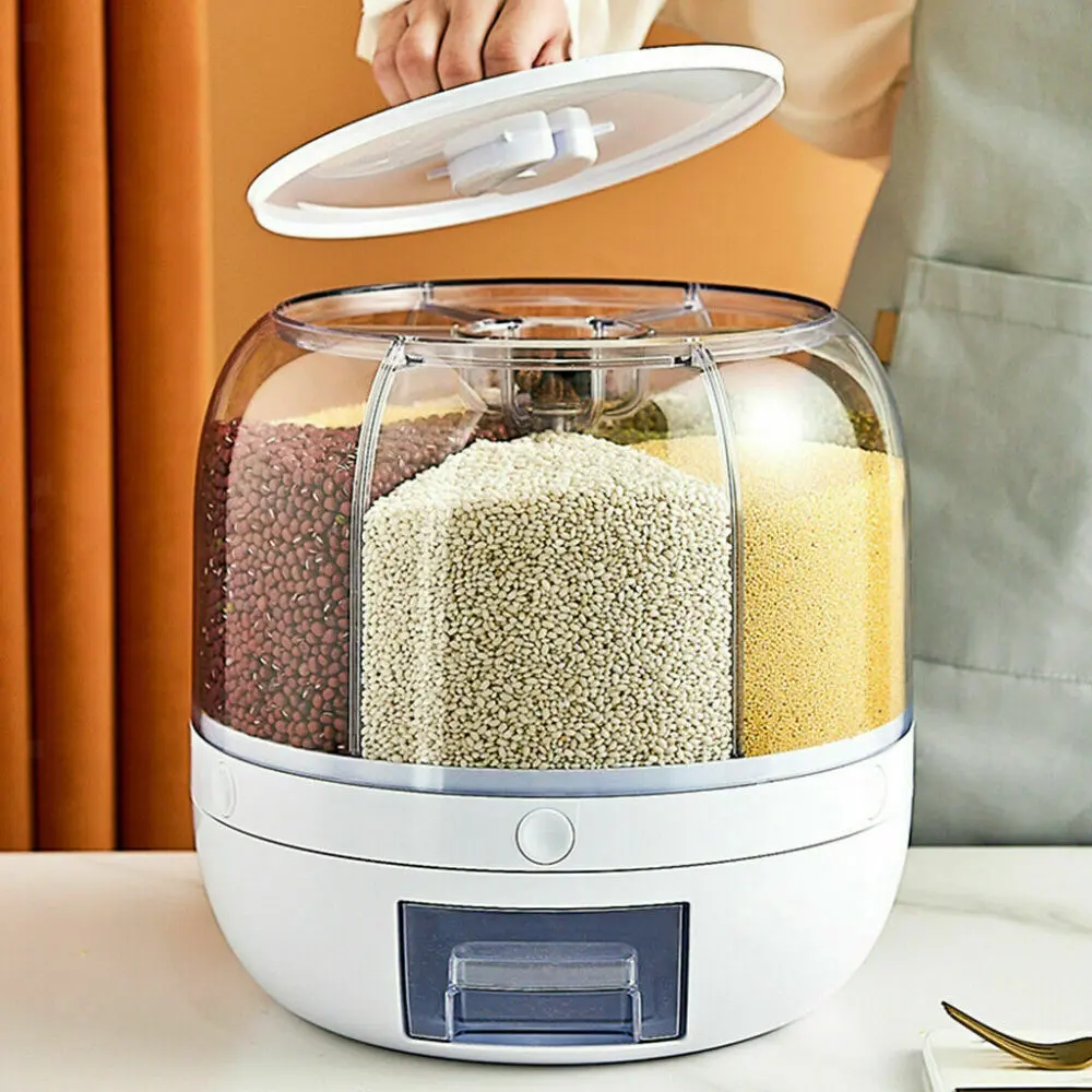 CNCEST Kitchen Utensils Grain Container for Pantry, Clear Multi-Functional Rotating Food Dispenser with Lid Grid for Rice, Soybean, Cereal