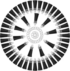 Keychain Tassels Bulk, Paxcoo Small Tassels for Jewelry Making, 50pcs Leather Tassel Keychain Charms with 50pcs Jump Rings for DIY Key Chain Craft, Black