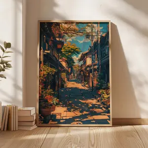 A Japanese City Street in Ghibli Style Poster, Japanese Street Digital Prints, Studio Ghibli Wall Art, Japandi Home Decor, NO FRAME