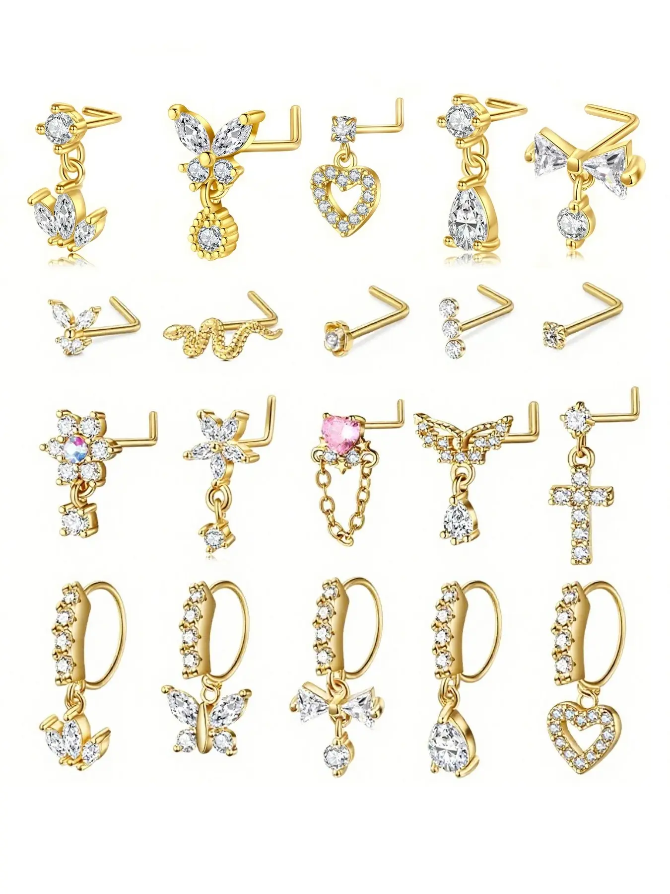 Women's Stainless Steel Dangle Nose Ring, L-Shaped Dangling Design, Cz Flower Detailing, Elegant Nose Piercing Jewelry Accessory Nosering