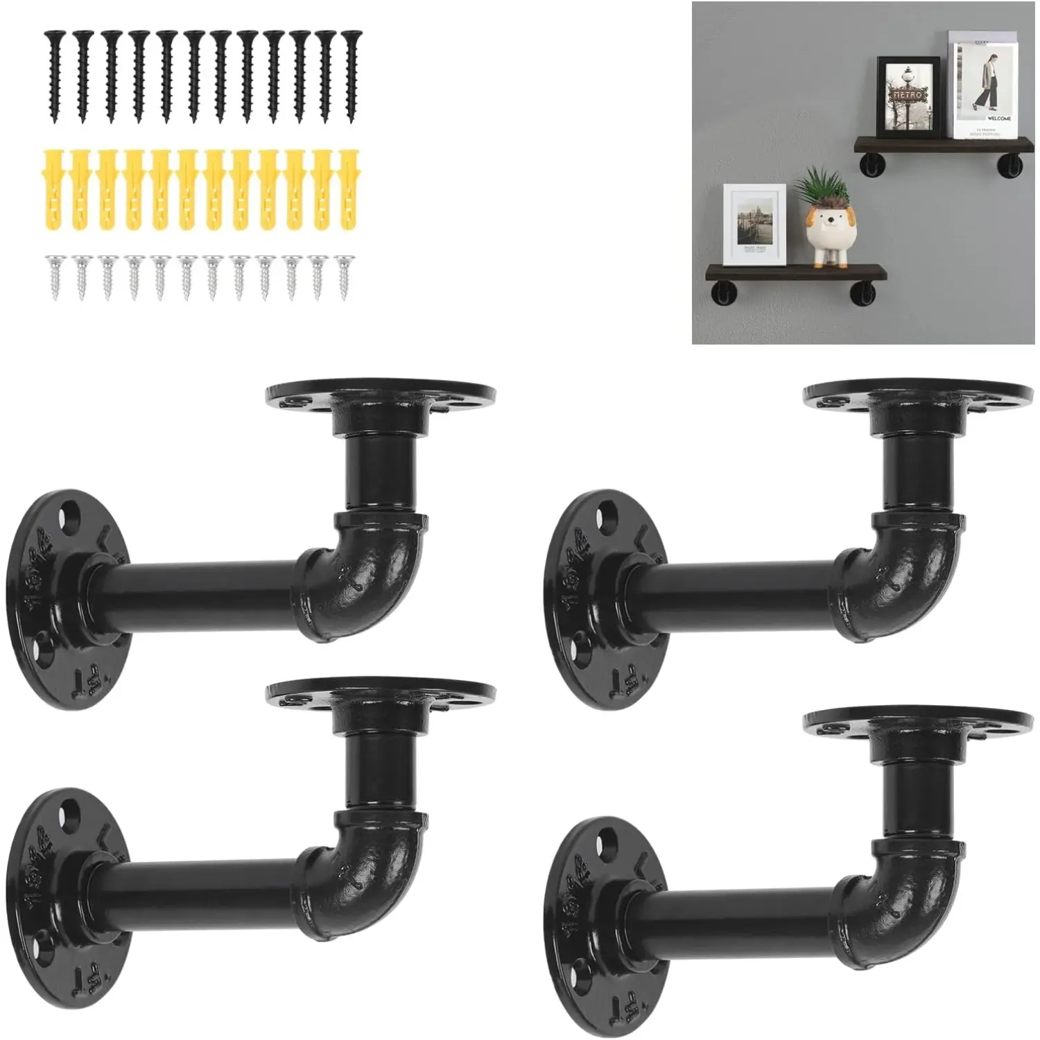 Industrial Pipe Floating Shelf Brackets, Wall Mount Heavy Duty Iron Supports with Mounting Hardware, 4/6/8 Pack for DIY Wooden Shelves
