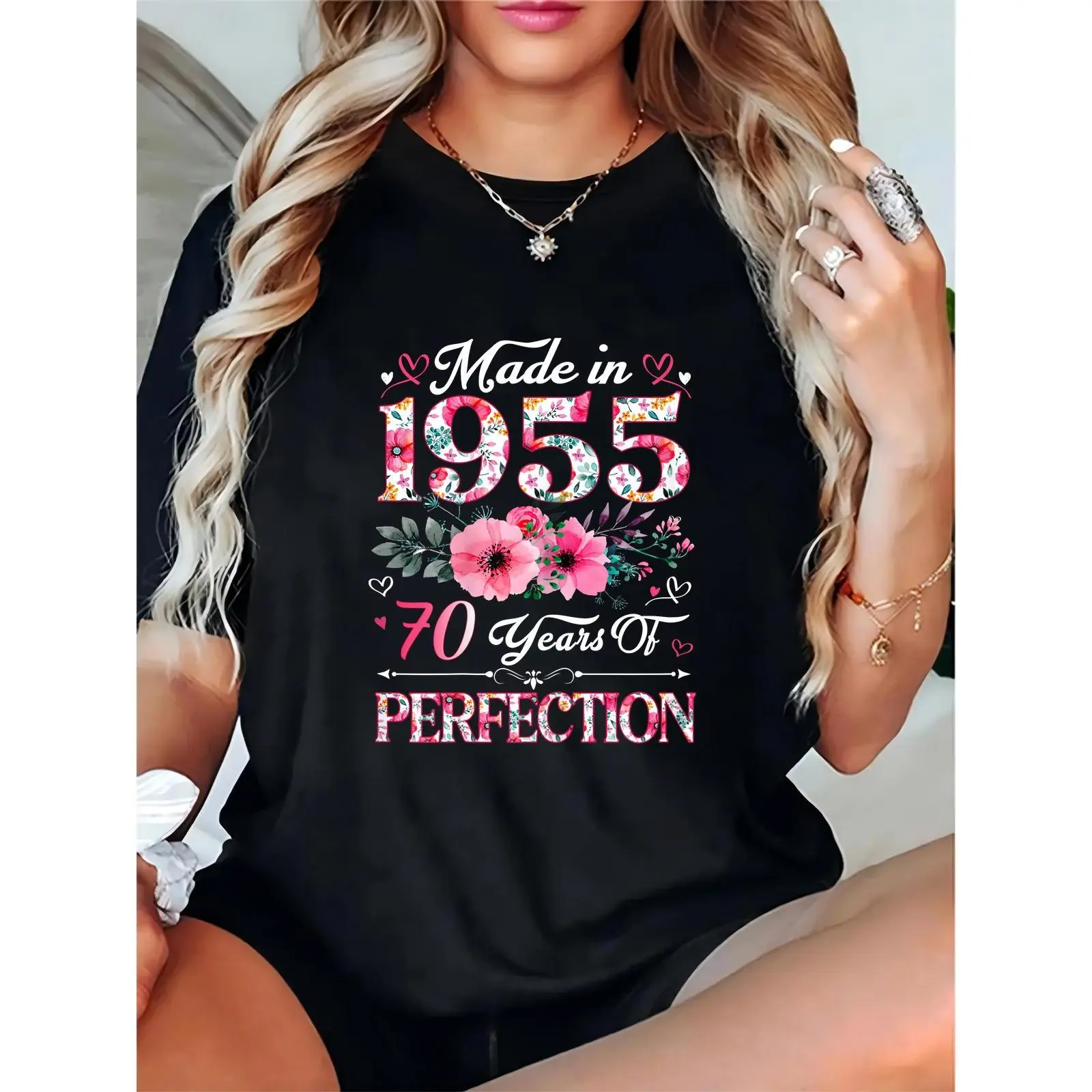 Women's 1955 Made 70th Birthday Crew Neck T-Shirt, 100% Cotton Floral Graphic Tee, Casual Short Sleeve Lightweight Breathable Top, Fit, Tshirt, Skirts