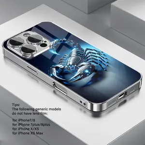 Creative Technology Blue Light Metal Scorpion Pattern Electroplated Glass Phone Case with Lens Protection for iPhone 16/16Pro/16ProMax/16Plus/15/15Plus/15Pro/15ProMax, 14/14Plus/14Pro/14ProMax, 13/13Pro/13ProMax, 12/12Pro/12ProMax, 11/11Pro/11ProMax