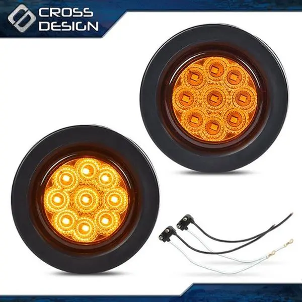 CROSSDESIGN 2" Round Amber 9-LED 12V Side Marker Lights Pair, with 2x Prong Plugs - 2x Rubber Grommets, Vehicle Accessories for Trucks, Semi Trucks
